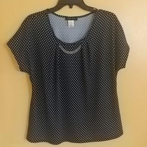 MANDY EVANS Black Polkadot Top w/ Faux Chain Necklace Embellishment XL